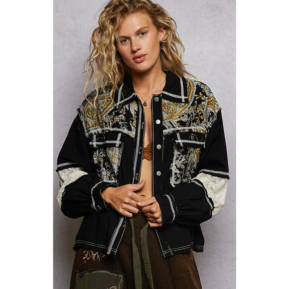 POL Size Medium Button Down Black Paisley Jacket Lace Detal Long Baloon Sleeve - Picture 1 of 5